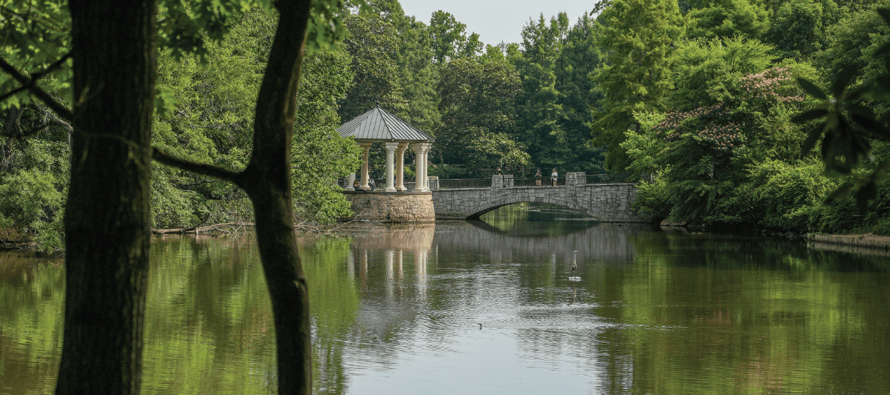 Community gathering at Piedmont Park overlooking Lake Clara Meer and the historic stone bridge